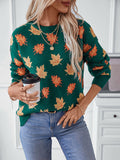 christmas outfit Joskaa Long Sleeves Loose Contrast Color Jacquard Knitted Leaves Split-Joint Round-Neck Pullovers Sweater Tops