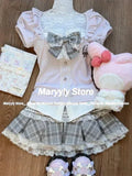 Joskaa Japanese Sweet Preppy Style 2 Piece Set Women Kawaii Lace Patchwork Bow Tops + Y2k Plaid Mini Skirt Elegant Fashion Outifits New