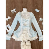 Joskaa Sweet Lolita Three Piece Sets Lace Bow Plush Cardigan + Sexy Slim Fit Strapless Vest Tops + High Waist Ruched Skirts Winter Chic