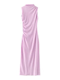 Joskaa Elegant Pleated Long Dresses Women Bodycon Sleeveless Half High Collar Back Split Long Dress 2024 Summer Lady Pink Party Robes