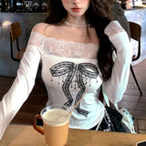 Joskaa American Spicy Girl Pure Desire Style Lace One Shoulder Tees Sweet Long Sleeved Design Slimming Waist Cinching Y2k Top