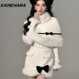 Joskaa Autumn French High-end Fashion 3-piece Set Fur Collar Shawl Style Bow Top Harajuku Style Half Skirt High-end Y2k Sets