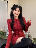 Joskaa 2025 Autumn Winter Red Warm Knitted Sweater Dress Slim Korean Fashion Y2k Mini Dress Woman Casual Short Party Dress Outwear