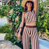 thanksgiving outfit Joskaa 2024 Spring Summer Vintage Knitted Striped Women Suits Fashion Casual O Neck Sleeveless Short Tops+High Waist Long Pants