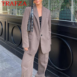 thanksgiving outfit Joskaa Woman Fashion 2024 Autumn Brown Office Lady Woman Suits Loose V Neck Blazer+High Waist Long Leg Pants Vintage Women Sets