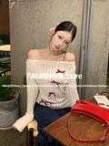 Joskaa Autumn Winte Sweet Bow Knitted Pullover Women Off Shoulder Sexy Chic Long Sleeve Sweaters Korean Style Kawaii Fashion Tops New