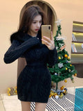 Joskaa 2025 Winter Knitted Sweater Dress Hooded Women Slim Bodycon Y2k Mini Dress Faux Fur Female One Piece Dress Korean Elegant