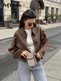 Joskaa Casual Solid Short Woolen Jacket Women Vintage Lapel Long Sleeve Zipper Crop Coats 2024 Autumn Lady Cozy High Street Outwears