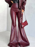 thanksgiving outfit Joskaa PU Leather Flare Leg Pants Women Elegant High Waist Elastic Slim Fit Zipper Trousers 2024 Autumn Fashion Y2k New Outwear Mujer