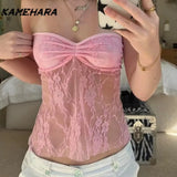 Joskaa Solid Backless Bandage Corset Top Sweet Lace Stitched Strapless Tube Tops Women Sexy Club Party Tee Y2k Camis 민소ë§?í‹?여성