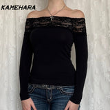 Joskaa Black Lace Stitched Slash Neck Crop Tops Elegant Sexy Skinny Long Sleeve T-Shirts Women Harajuku Y2k Spring Tees Basic