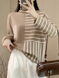 christmas outfit Joskaa Long Sleeves Loose Contrast Color Striped High Neck Pullovers Sweater Tops