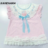 Joskaa Summer Y2k Japanese Sweet Cute Soft Girl Lace T-shirt Bow Flying Sleeves Cat Ear Tank Top العاب جنسية  민소ë§?í‹?여성 Y2k Top