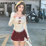 Joskaa Japanese Style Pure Color Matching Lace Patchwork Slimming Knit Shirt Plaid Skirt Retro Sweet Spicy Y2k Two-piece Sets