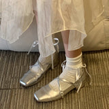 Joskaa Spring Square Toe Ballet Shoes Fashion Low Heel Mary Jane Shoes Casaul Silver Cross Buckle Shallow Soft Sole Shoes