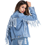 christmas outfit Joskaa Back Sleeves Tassel Denim Jacket Coat 2025 Autumn New Blue Jean Jacket Woman