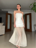 Joskaa Elegant Off Shoulder Patchwork Mesh Hem Dress Chic Pleated Strapless See Through Woman Vestidos Fashion Lady Vocation Party Robe