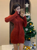 Joskaa 2025 Autumn Winter Red Warm Knitted Sweater Dress Slim Korean Fashion Y2k Mini Dress Woman Casual Short Party Dress Outwear