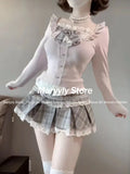 Joskaa Japanese Sweet Preppy Style 2 Piece Set Women Kawaii Lace Patchwork Bow Tops + Y2k Plaid Mini Skirt Elegant Fashion Outifits New