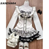 Joskaa Cute Soft Girl Style Gray White Checkered Lace Patchwork Short Skirt Bow Waist Cinching Patchwork Top Autumn Y2k Sets