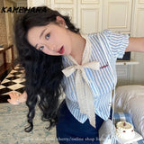 Joskaa Y2k Spicy Girl Short Sleeved Striped Shirt College Style Waist Cinching Jk Uniform Short Fit Skirts Spring Autumn Sets