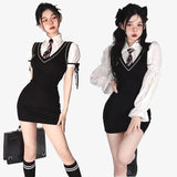 Joskaa Korean Preppy Style Dress Women Y2k Sweet Spicy Fashion Fake Two-piece Set Bubble Sleeves Polo Collar Mini Dress Autumn Summer