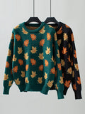 christmas outfit Joskaa Long Sleeves Loose Contrast Color Jacquard Knitted Leaves Split-Joint Round-Neck Pullovers Sweater Tops