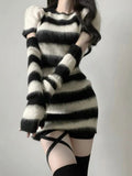 Joskaa 2025 Autumn Y2k Short Party Dress Women Slim Bodycon Knitted Mini Dress Elegant Stripe One Piece Dress Korean Fashion Design