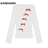 Joskaa Spring Harajuku Retro Off Shoulder Long Sleeve Knitted Sweater Elegant Slim Fit Pullover Sweaters Y2K Design Sense Top