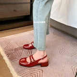 Joskaa Classic Red Mary Jeans Woman Patent Leather Med-High Heels Sandals Two Buckle Belt Strap Shoes Femme Slingback Lolita Footwear