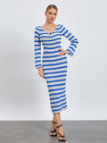 thanksgiving outfit Joskaa Women Sexy Backless Ribbed Maxi Dress Long Sleeve Crewneck Bodycon Crochet Knitted Dress Beach Vacation Long Sweater Dress