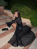 Joskaa Black Lace Hollow Out High Split Long Dress Sexy V-neck Slim Fit Long Sleeved Waistband Dresses Summer Beach Vacation Robes 2025