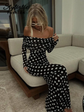 thanksgiving outfit Joskaa Sexy Polka Dot Dresses For Women Off Shoulder Mesh Patchwork Party Dress Long Sleeves Ruched Vestidos Summer Lady Elegant Robes