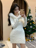 Joskaa 2025 Winter Knitted Sweater Dress Hooded Women Slim Bodycon Y2k Mini Dress Faux Fur Female One Piece Dress Korean Elegant