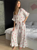 Joskaa Pink Leopard Print Flare Pants Suit Women V-neck Lace Up Half Sleeves Tops Loose Trousers 2024 Spring Summer Lady 2 Pieces Sets