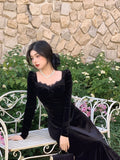 Joskaa Gothic Vintage Balck Long Sleeve Dress Woman Elegant Fashion Velvet Midi Dress Korean Style Even Party Dress Casual 2025 Spring