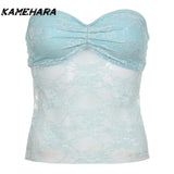 Joskaa Solid Backless Bandage Corset Top Sweet Lace Stitched Strapless Tube Tops Women Sexy Club Party Tee Y2k Camis 민소ë§?í‹?여성