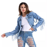 christmas outfit Joskaa Back Sleeves Tassel Denim Jacket Coat 2025 Autumn New Blue Jean Jacket Woman