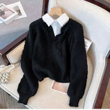 christmas outfit Joskaa 2025 Autumn/Winter Fashion New Women's Korean Commuting Style Elegant Knitted Hoodie Fake Two Piece Collar Retro Sweater Jumper