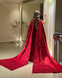 Joskaa Red Prom Dresses Women Wear Side Slit Long Sleeves Beaded Customized Evening Dress Sequins Feather Tulle Formal Party-(PRE-ORDER)