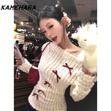 Joskaa Spring Harajuku Retro Off Shoulder Long Sleeve Knitted Sweater Elegant Slim Fit Pullover Sweaters Y2K Design Sense Top