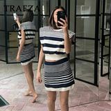 thanksgiving outfit Joskaa 2024 Spring Summer Casual Knitted Striped Women Suit Fashion Vintage O Neck Sleeveless Short Tops+Chic Short Pencil Skirt