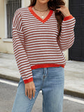 christmas outfit Joskaa Long Sleeves Loose Contrast Color Jacquard Striped V-Neck Pullovers Sweater Tops