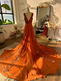 Joskaa BOHO Orange Chiffon Elegant Party Sleeveless V-neck Long Train Evening Dress Floor-Length Flowers vestidos de fiestas-(PRE-ORDER)