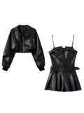 Joskaa Y2K Black Dress Set Women Casual High Street PU Coat + Elegant Party Y2k Mini Dress Korean Fashion Leather Suit 2025 Spring Chic