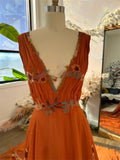 Joskaa BOHO Orange Chiffon Elegant Party Sleeveless V-neck Long Train Evening Dress Floor-Length Flowers vestidos de fiestas-(PRE-ORDER)