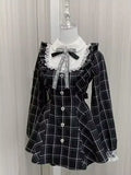 Joskaa Japanres Sweet Preppy Style Bow Ruffles Dresses Women Y2k Harajuku Slim Mini Dress Autumn Gothic Plaid Long Sleeve Party Dress
