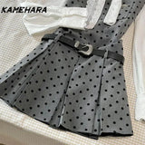 Joskaa Spring Autumn Wave Dot Dress Korean Version Bow Tie Up Shirt Women's Small Fragrant Style Mini Skirt Chic 2 Piece Sets