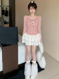 Joskaa Japanese Kawaii Y2k 2 Piece Set Women Lace Sexy Elegant Retro Skirt Suit Female Autumn Winter Chic Tops + Cake Mini Skirt 2025