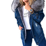 christmas outfit Joskaa Women Winter Warm Fluffy Collar Hooded Denim Jacket Thick Plush Lined Warm Long Sleeve Jean Coat Button Down Oversized Loose Out